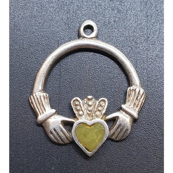 Vintage Irish Claddagh Pendant Sterling Silver Green Gemstone Heart Jewelry - Picture 1 of 6